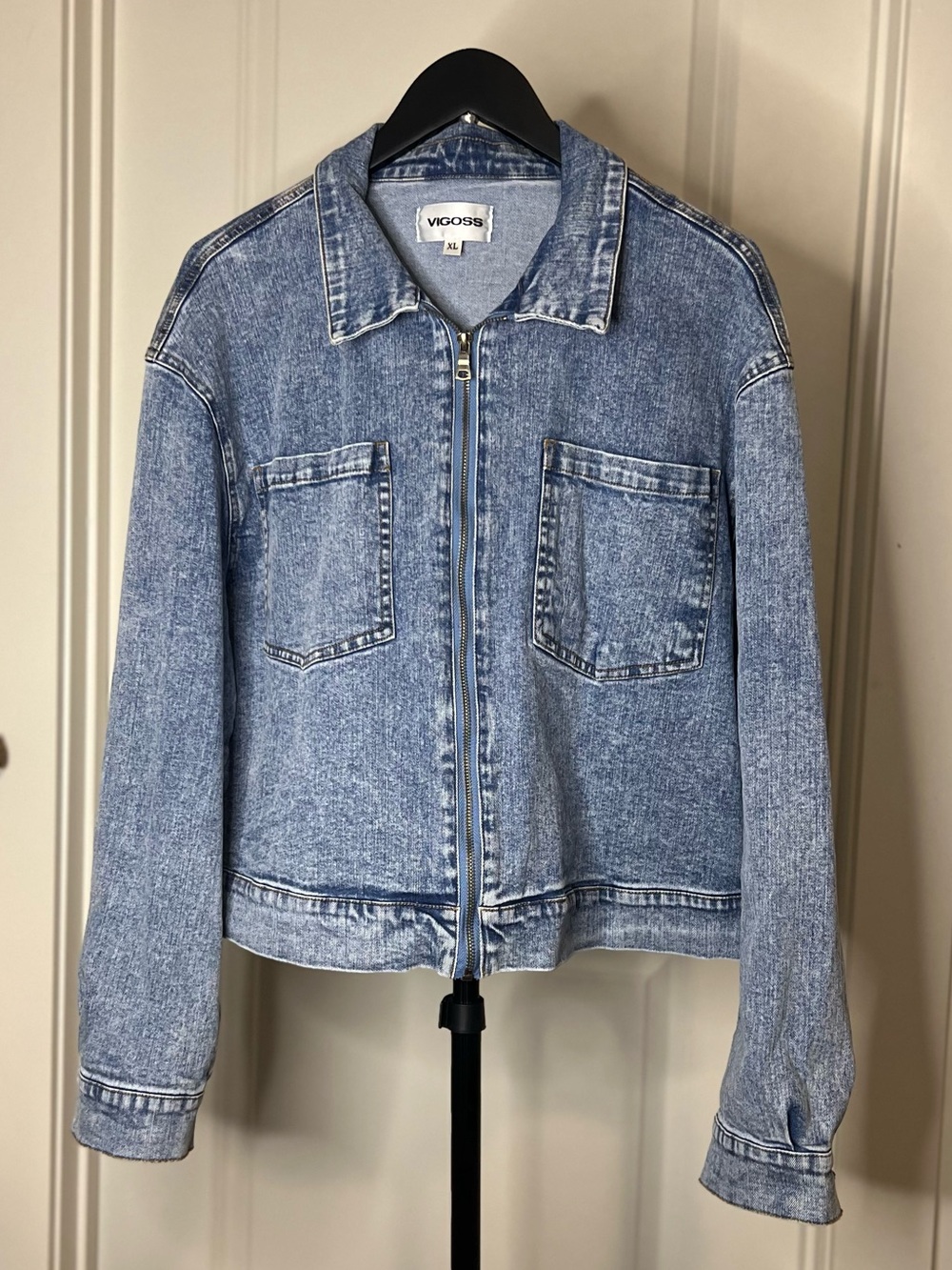 VIGOSS Acid Wash Denim Jacket XL Full Zip Cropped Lightweight